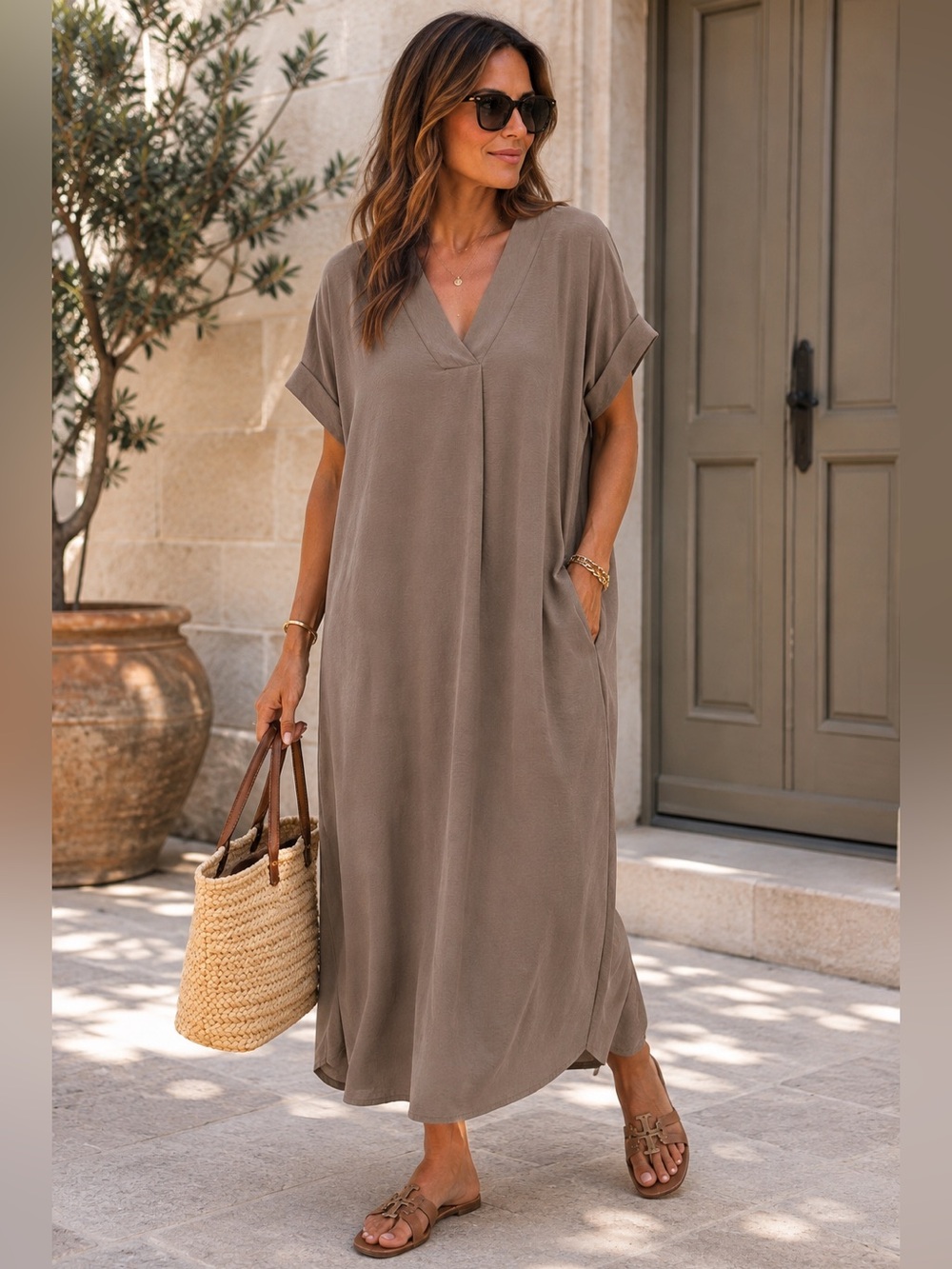 MADE IN FRANCE 🇫🇷 V-Neck Short Sleeve Maxi Dress in Taupe